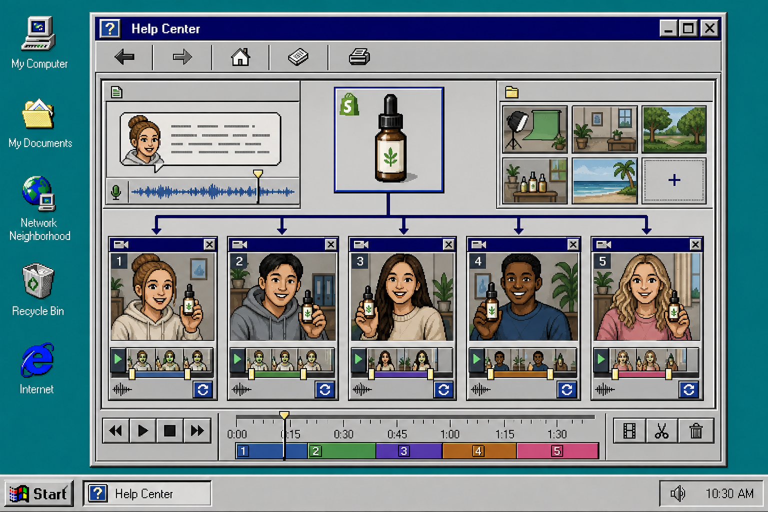 Timeline editor showing five UGC-style variations from one product