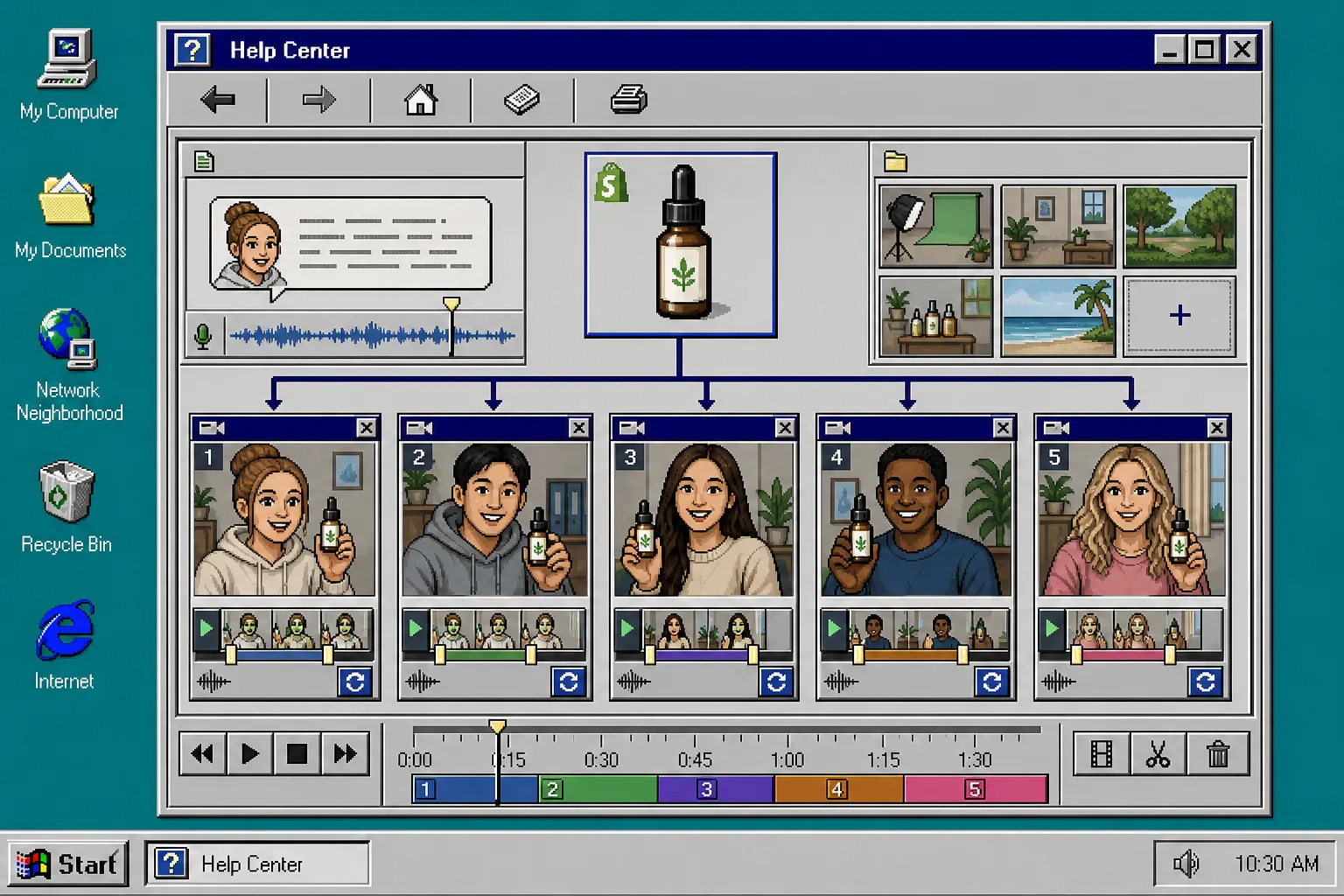 Timeline editor showing five UGC-style variations from one product