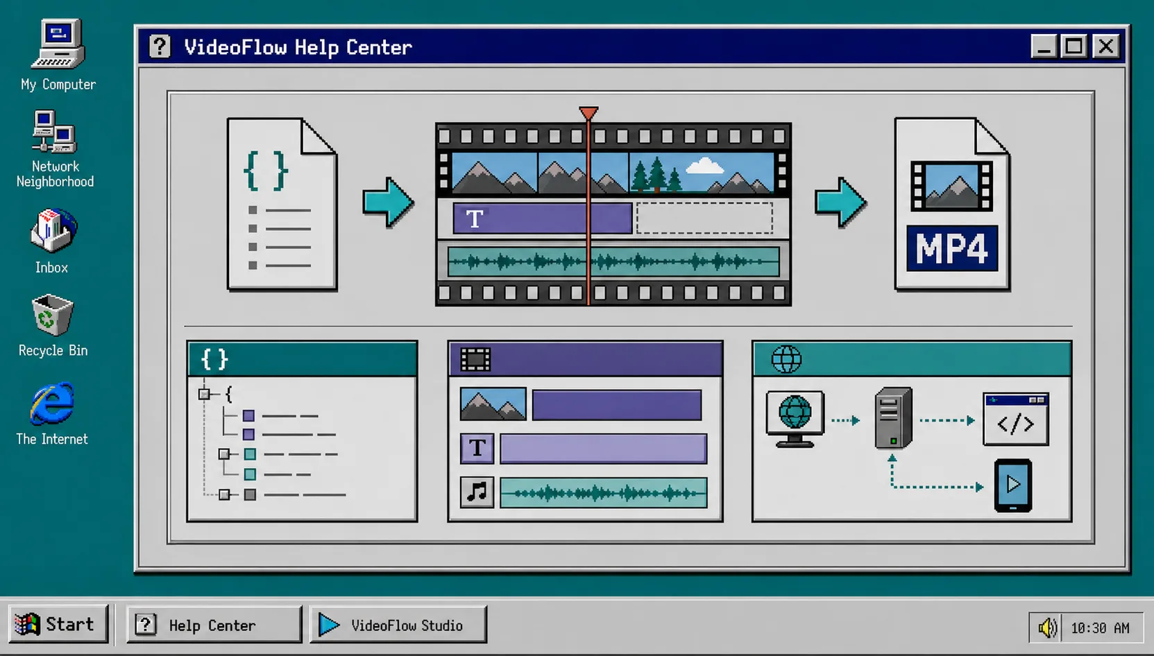 A JSON document flowing into a timeline and MP4 output