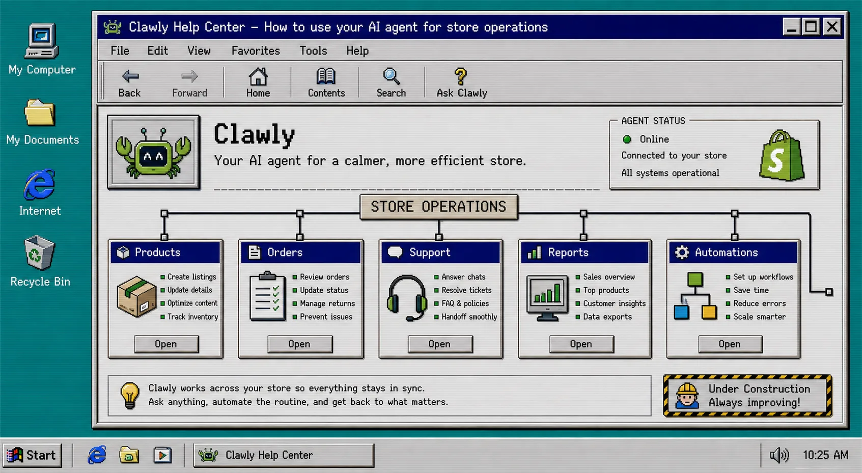 Clawly dashboard with products, orders, support, reports, and automations