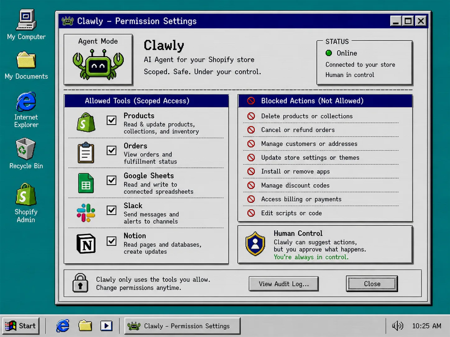Permission dialog showing allowed tools and blocked actions for a Shopify AI agent