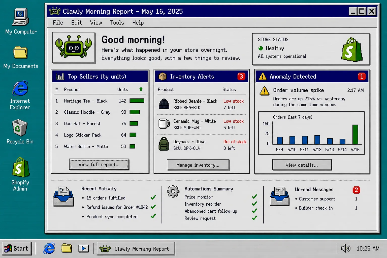 Morning report view with top sellers, inventory alerts, and anomaly warnings