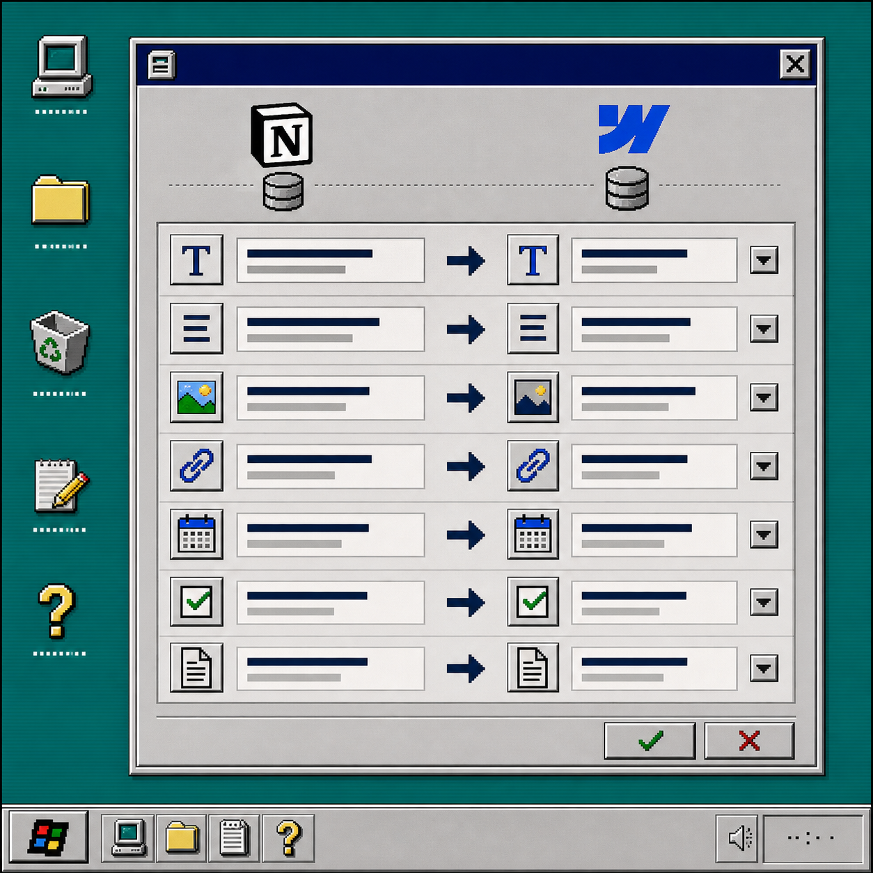 Retro field mapping screen for Notion and Webflow CMS