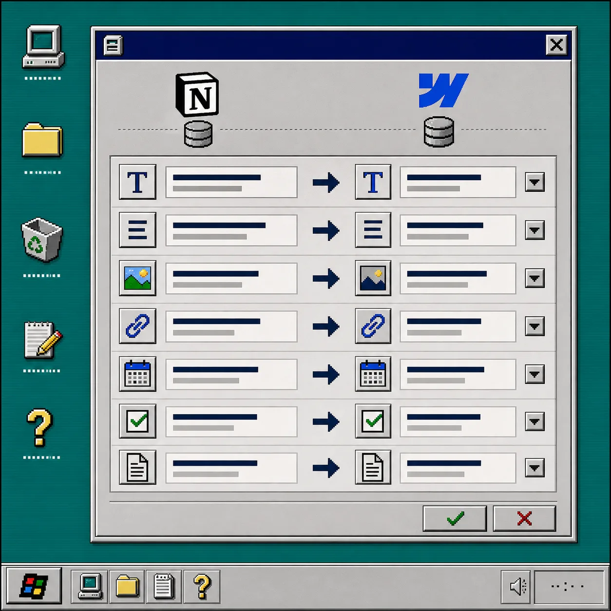 Retro field mapping screen for Notion and Webflow CMS
