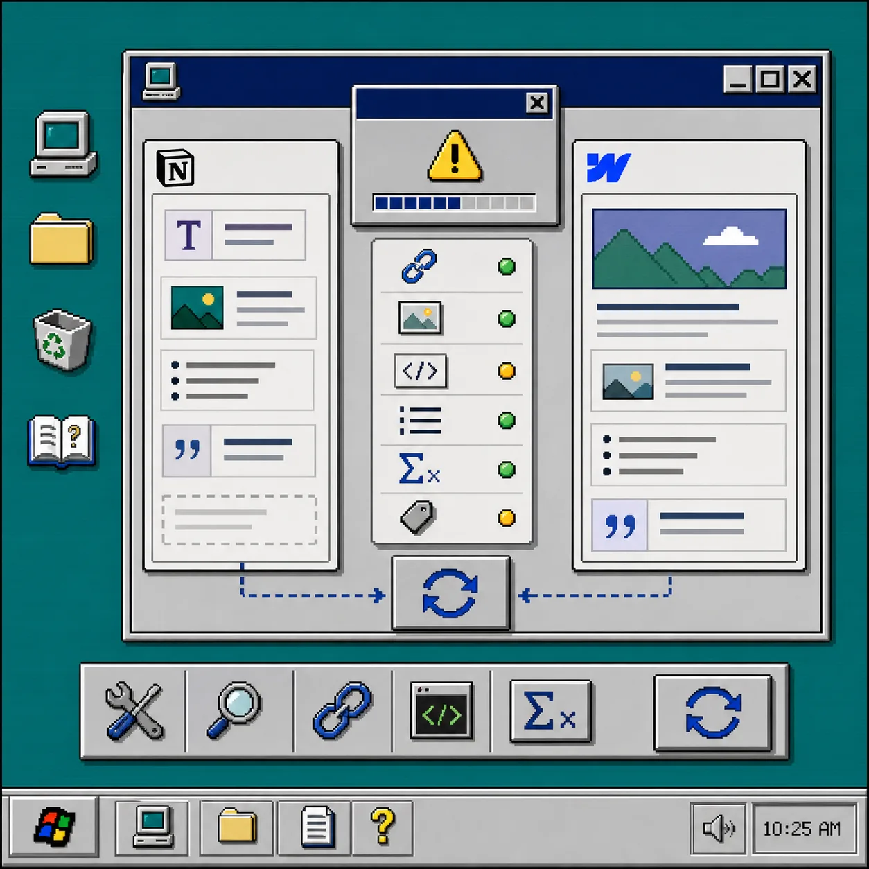 Retro troubleshooting screen for syncing Notion into Webflow
