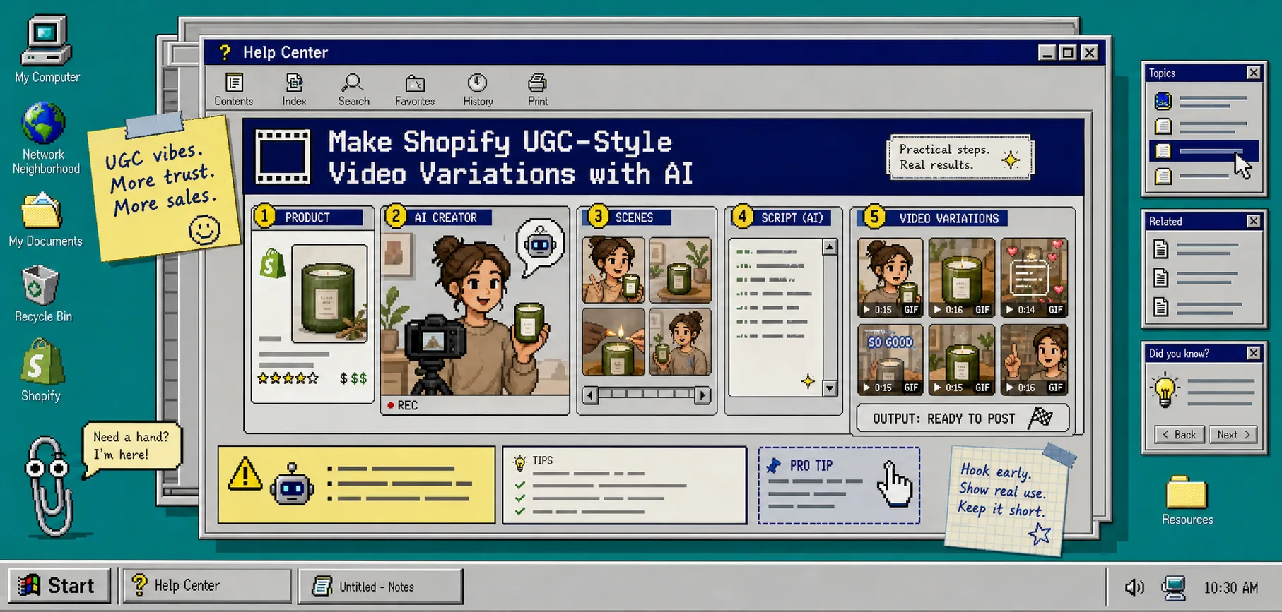 Retro help-center banner for Shopify UGC video variations