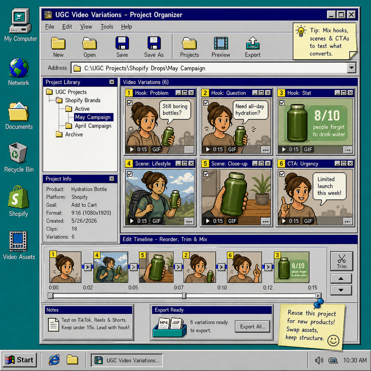 Project organizer showing multiple UGC video variations