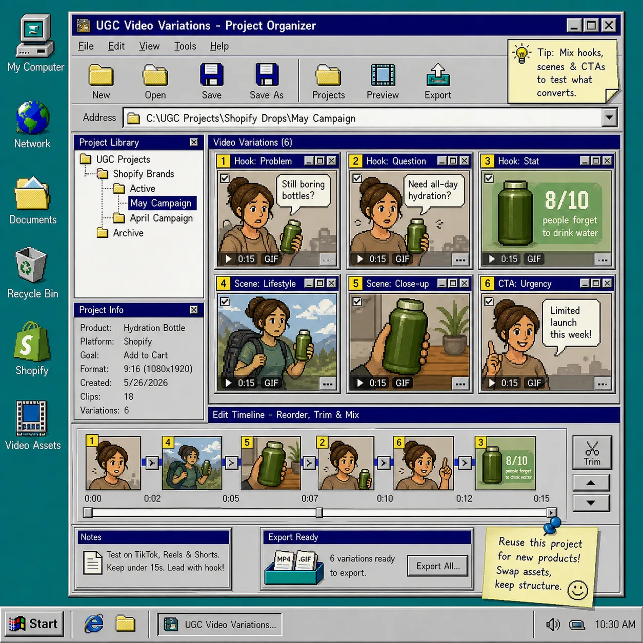 Project organizer showing multiple UGC video variations