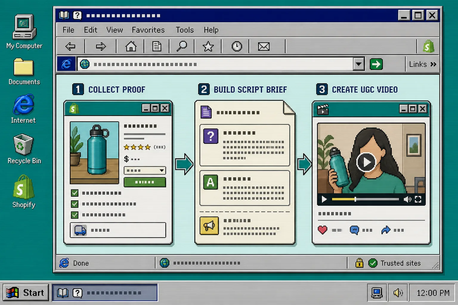 Retro workflow illustration showing product proof becoming a script brief and UGC video