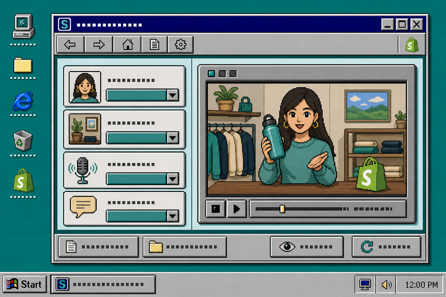 Retro app window showing avatar, scene, voice, and tone controls for UGC video creation