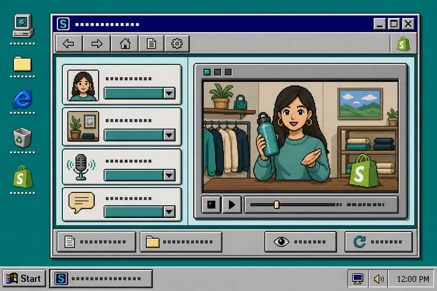 Retro app window showing avatar, scene, voice, and tone controls for UGC video creation