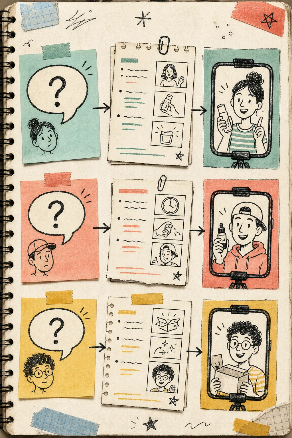 Sticky-note diagram of buyer questions becoming short UGC scripts