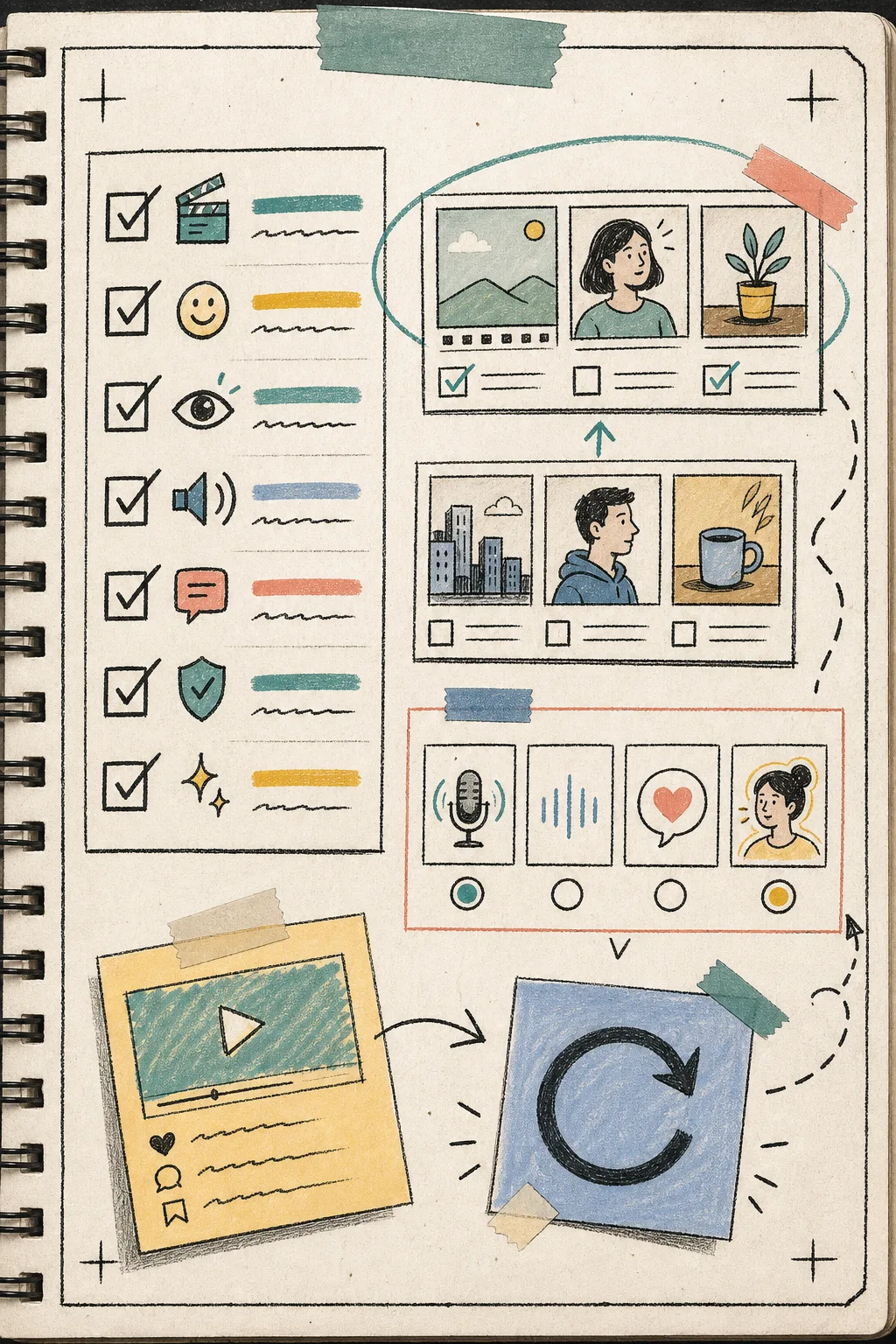 Notebook workflow showing product pages, scenes, voices, and reuse across placements