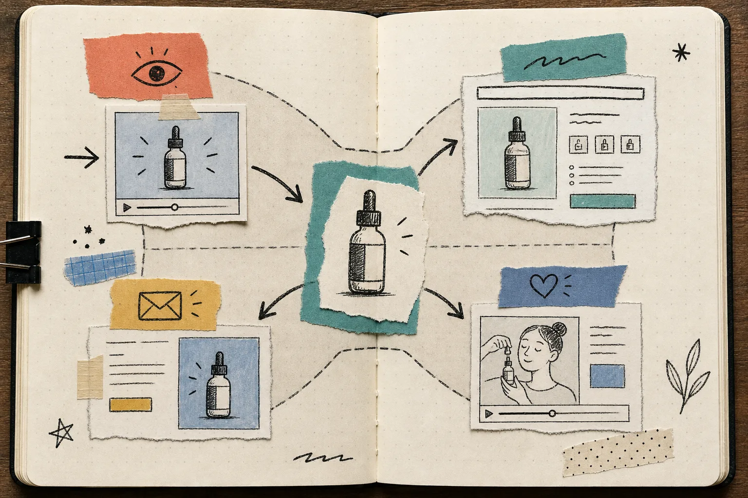 Hand-drawn funnel linking one Shopify product to ad, email, and post-purchase videos
