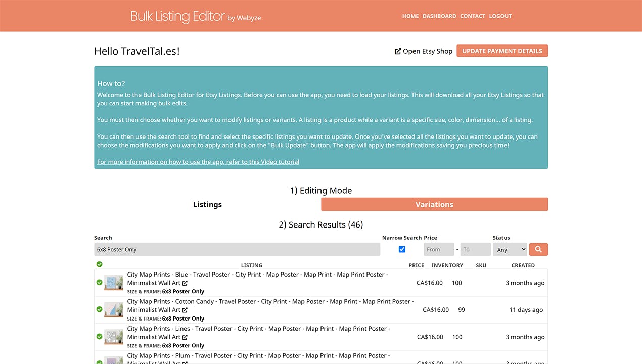 Bulk Listing Editor for Etsy dashboard