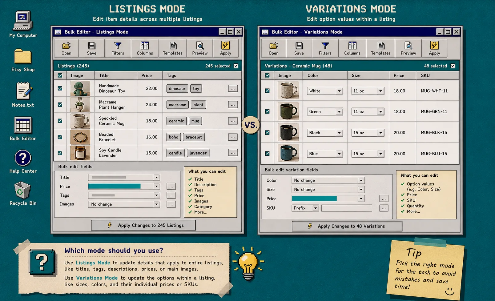 Listings mode and variations mode comparison