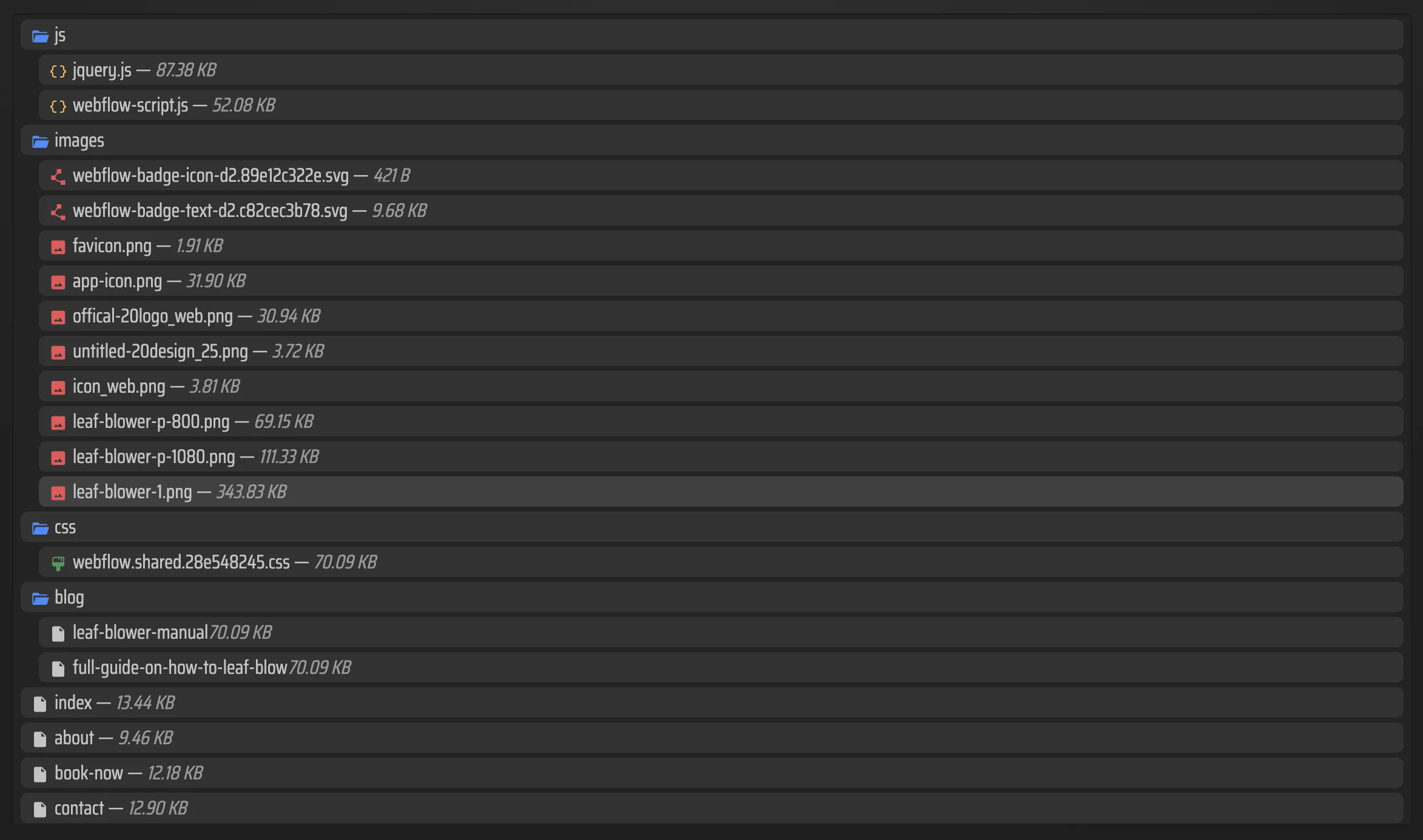 ExFlow example export file list