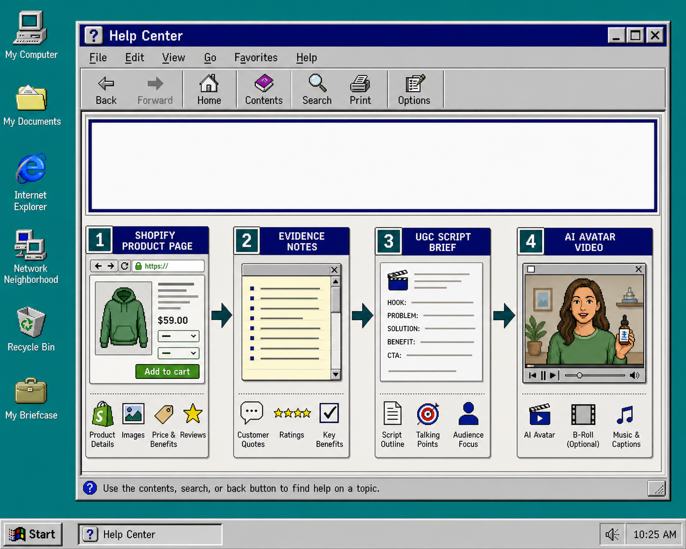 Retro workflow banner showing Shopify product evidence turning into a UGC video brief