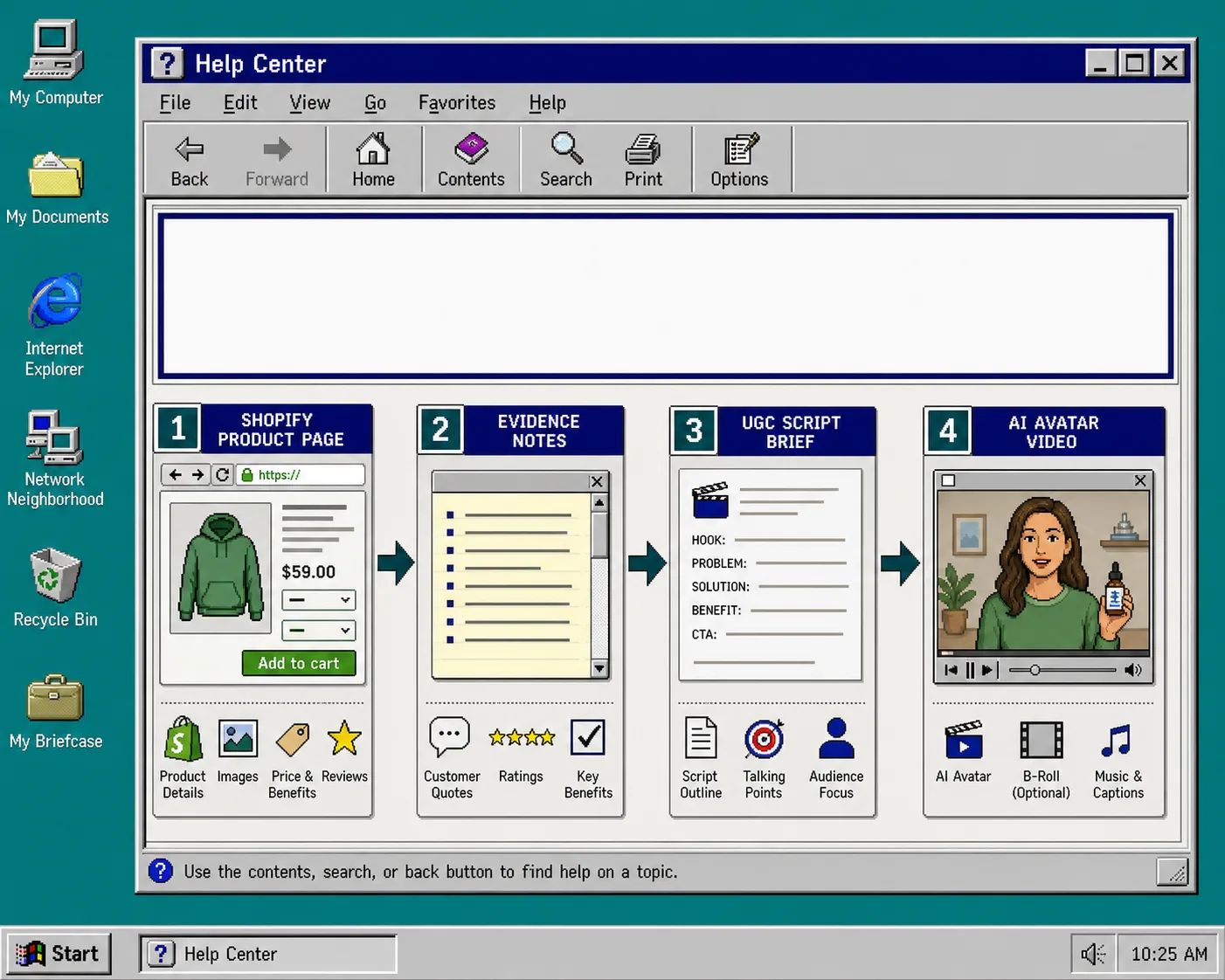 Retro workflow banner showing Shopify product evidence turning into a UGC video brief