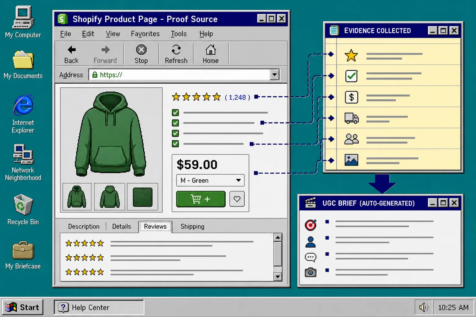 Retro evidence collection screen for a Shopify product page