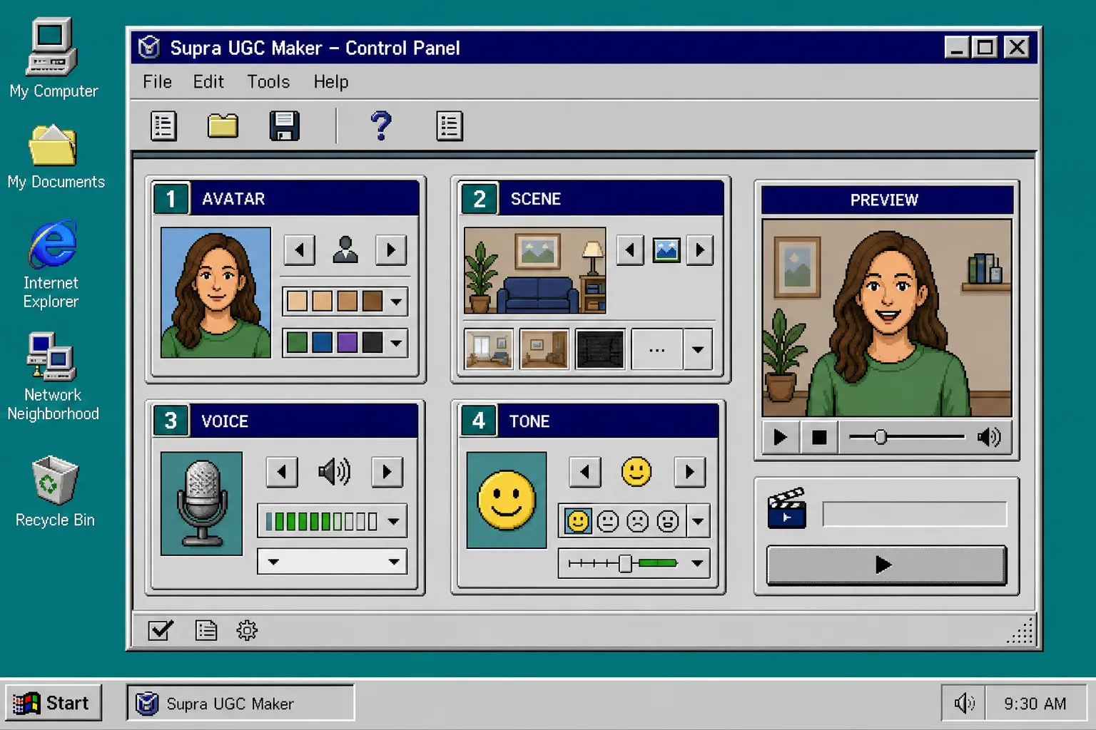 Retro UGC Maker control window with avatar scene voice and tone settings