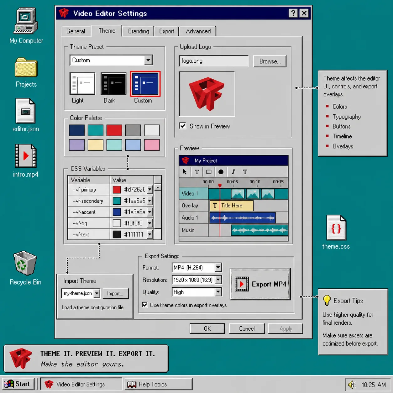 Theme, upload, and export settings
