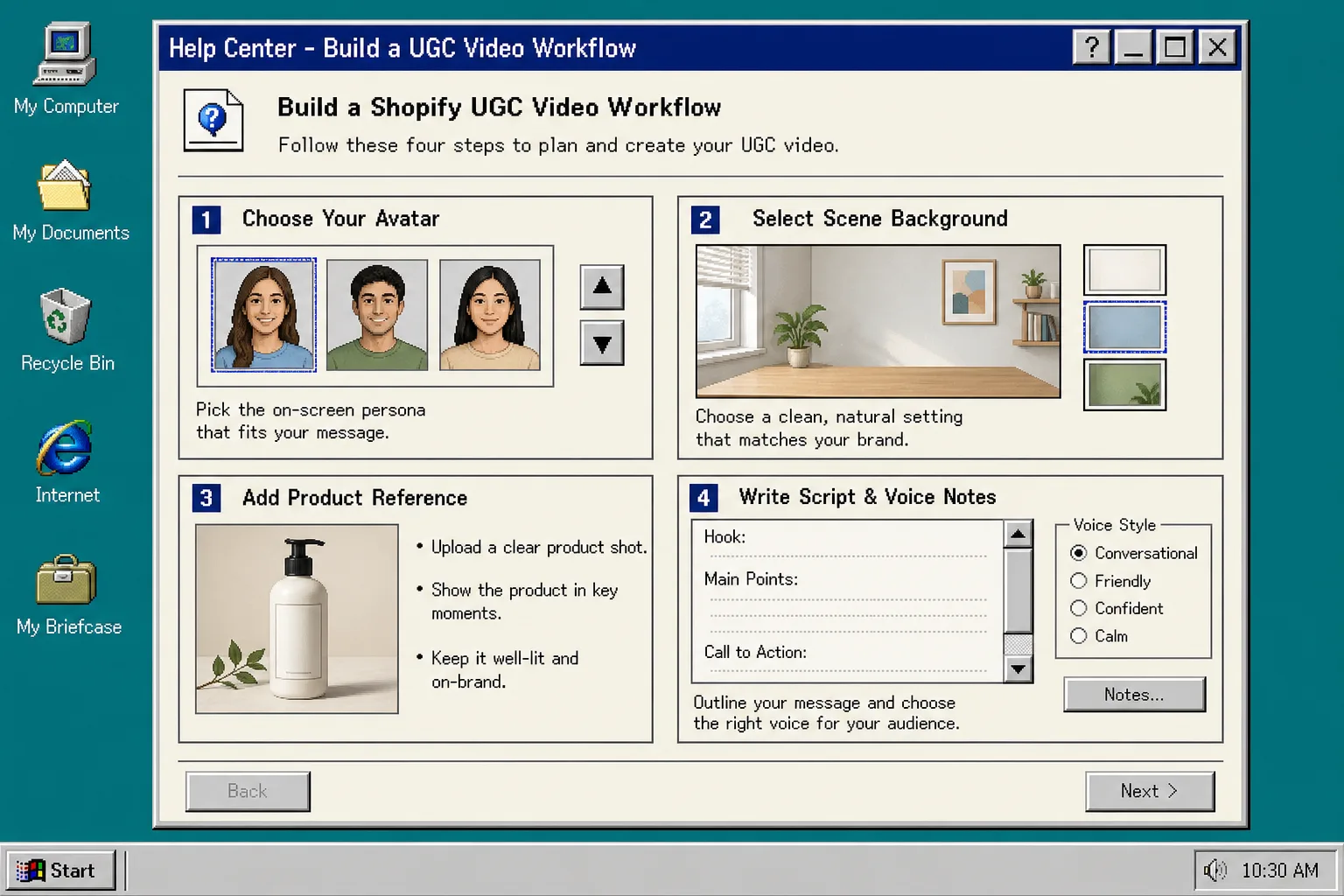 Workflow view of avatar, scene, product, and script setup