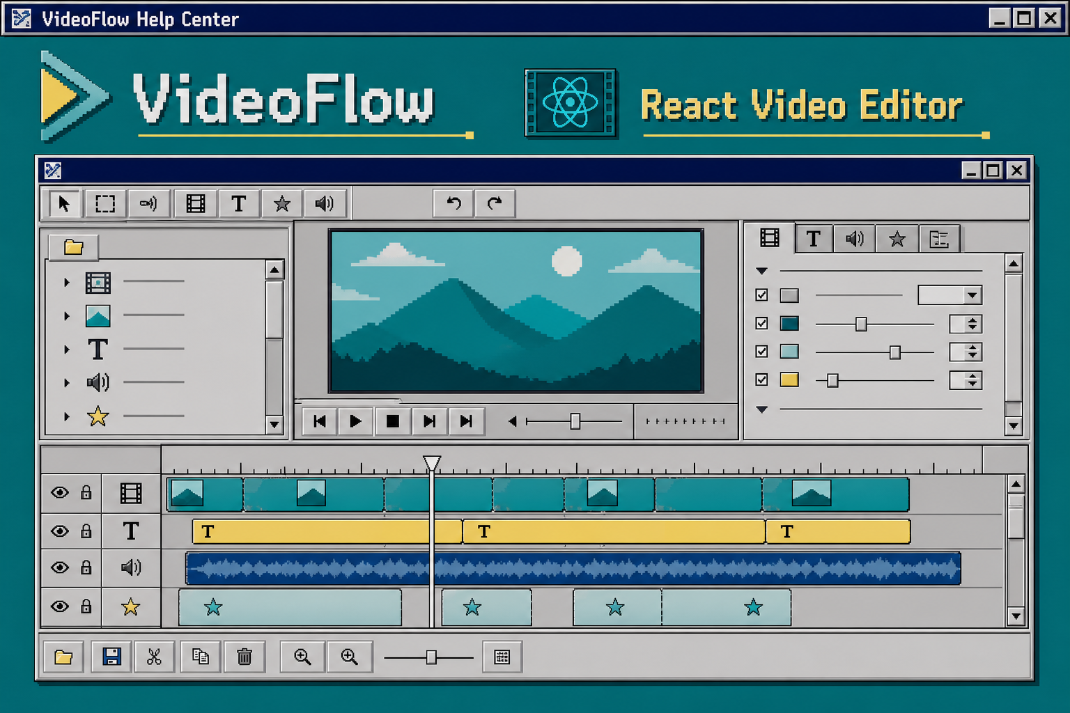 Windows 95 style React video editor window with multi-track timeline and inspector