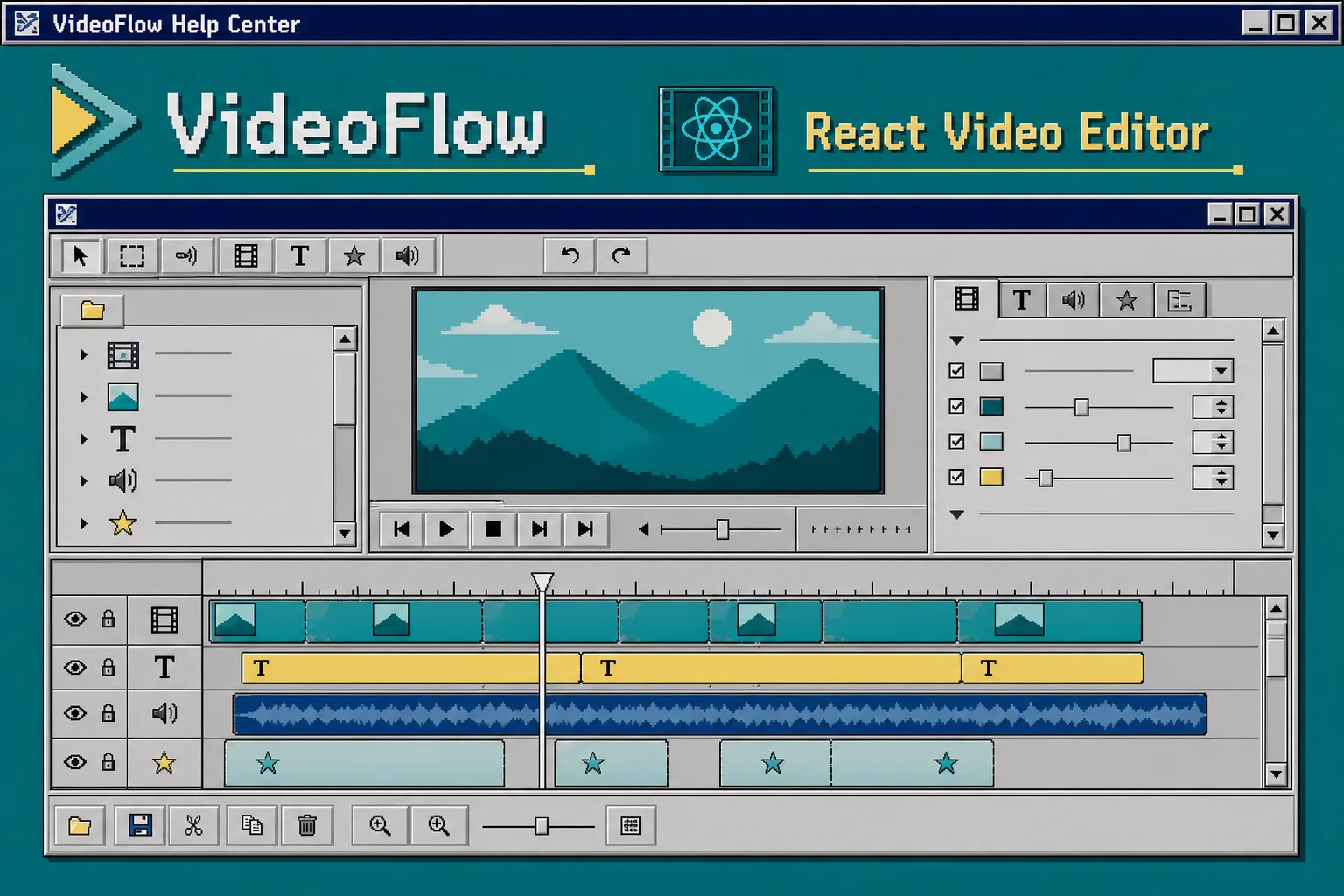 Windows 95 style React video editor window with multi-track timeline and inspector