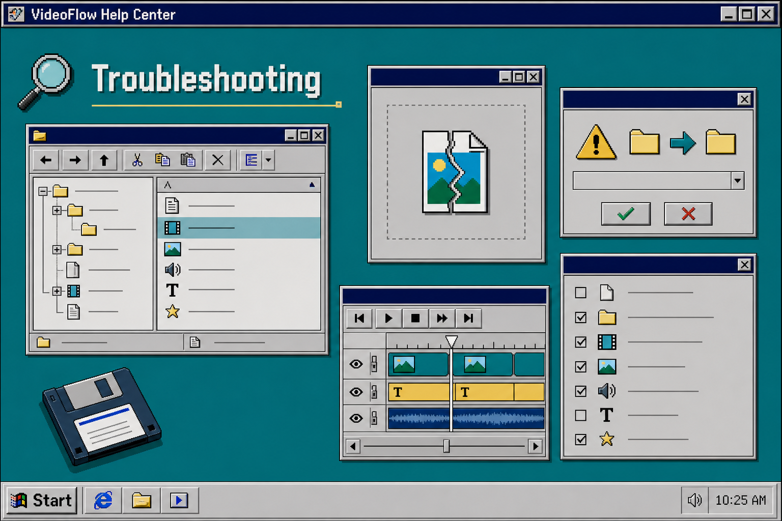 Retro troubleshooting screen showing file warnings and broken asset checks for VideoFlow
