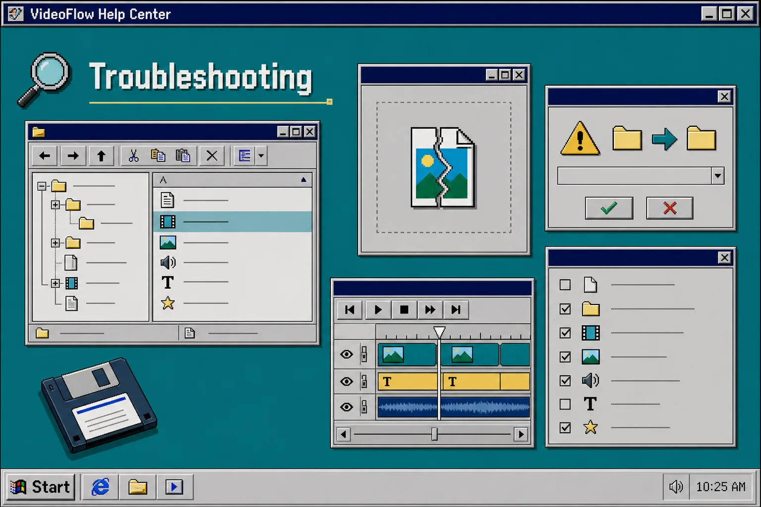 Retro troubleshooting screen showing file warnings and broken asset checks for VideoFlow