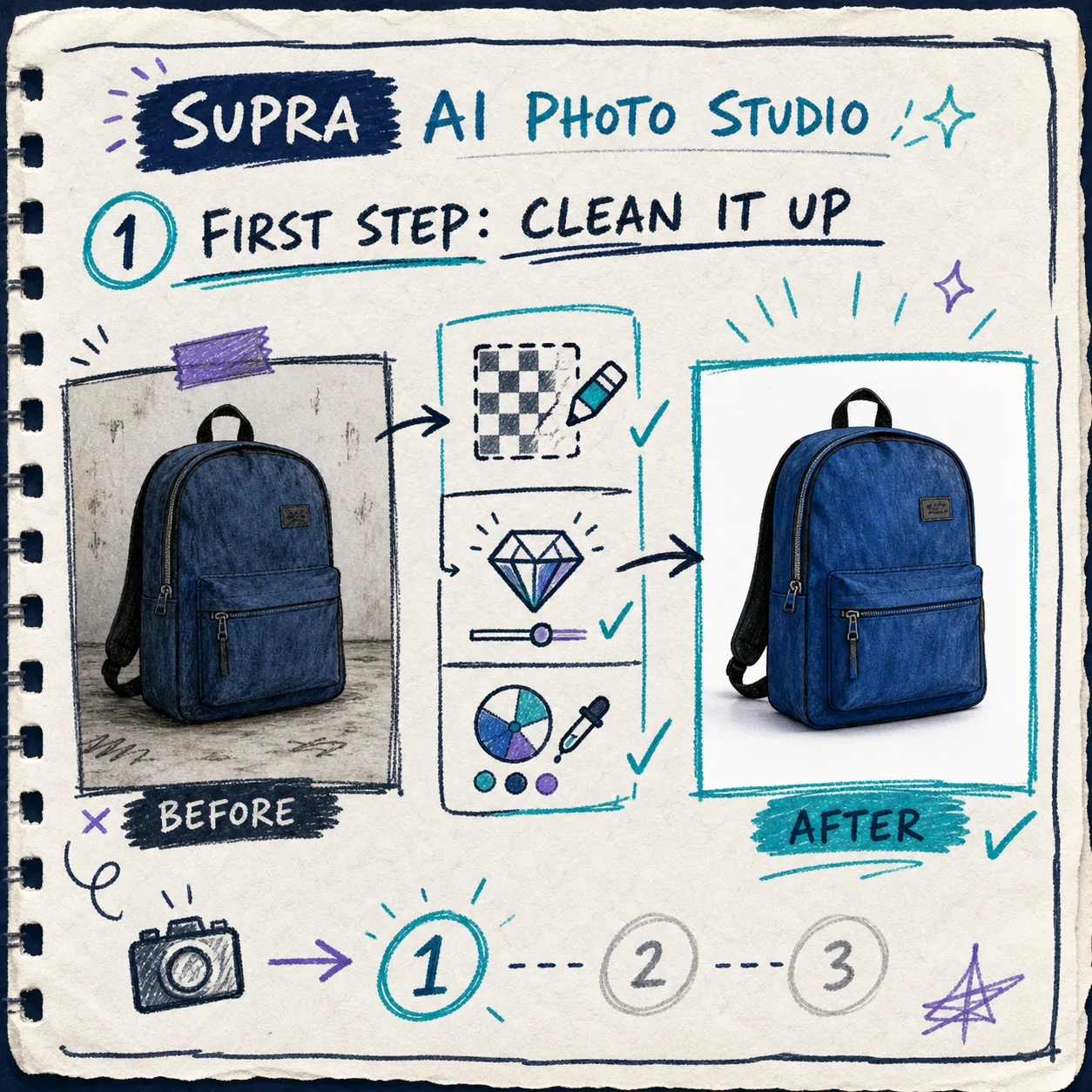 Before and after cleanup workflow for a Shopify product photo