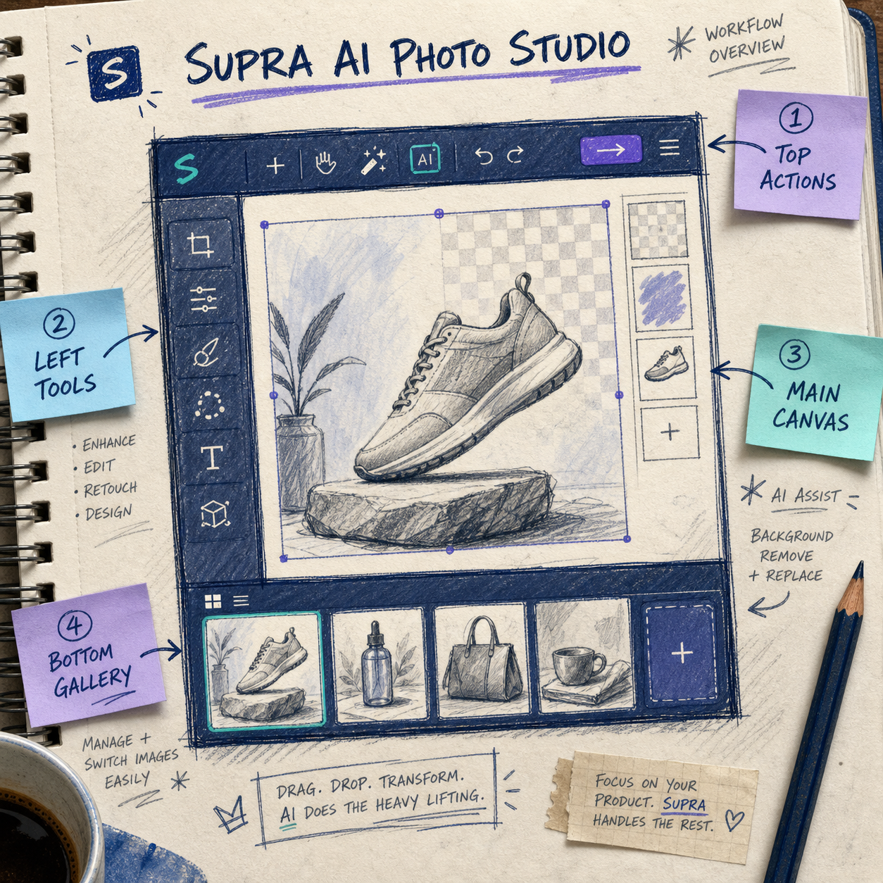 Sketchbook-style overview of the Supra AI Photo Studio editor