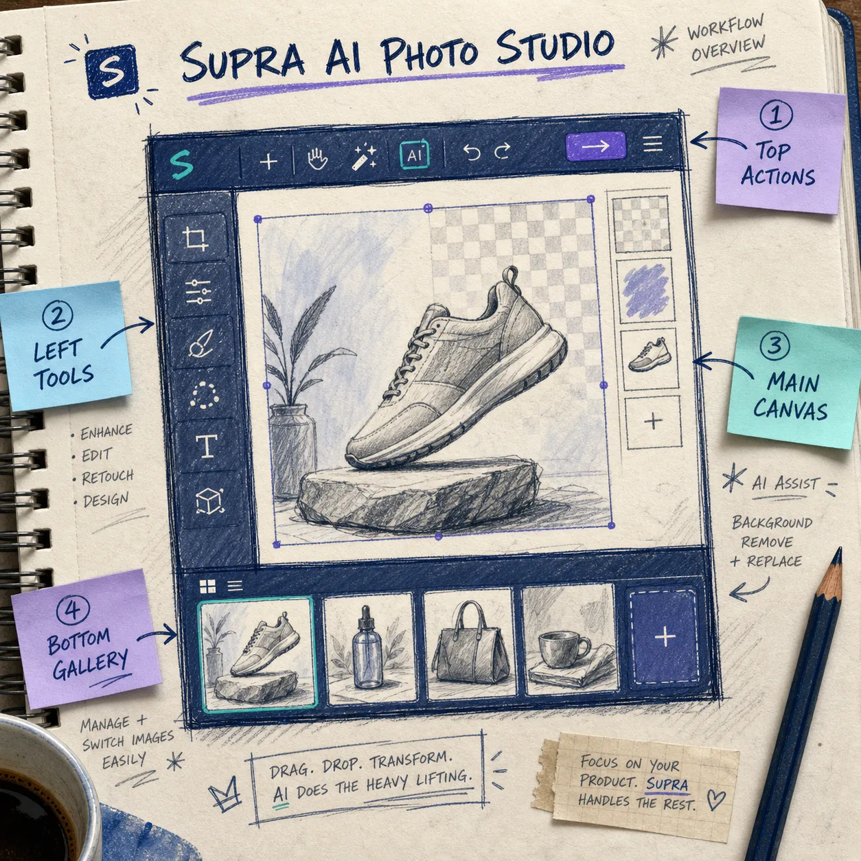 Sketchbook-style overview of the Supra AI Photo Studio editor