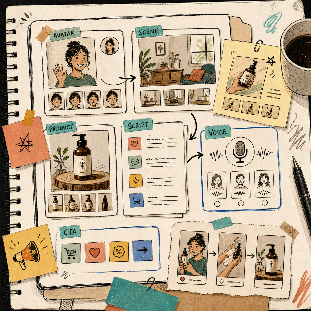 Reusable UGC project workspace with avatar, scene, script, voice, and CTA cards