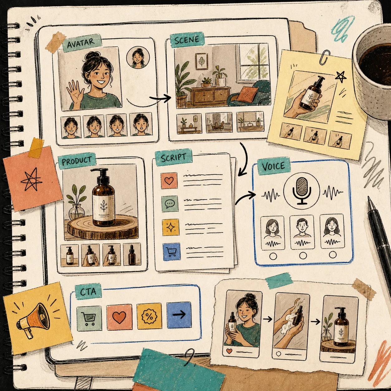Reusable UGC project workspace with avatar, scene, script, voice, and CTA cards