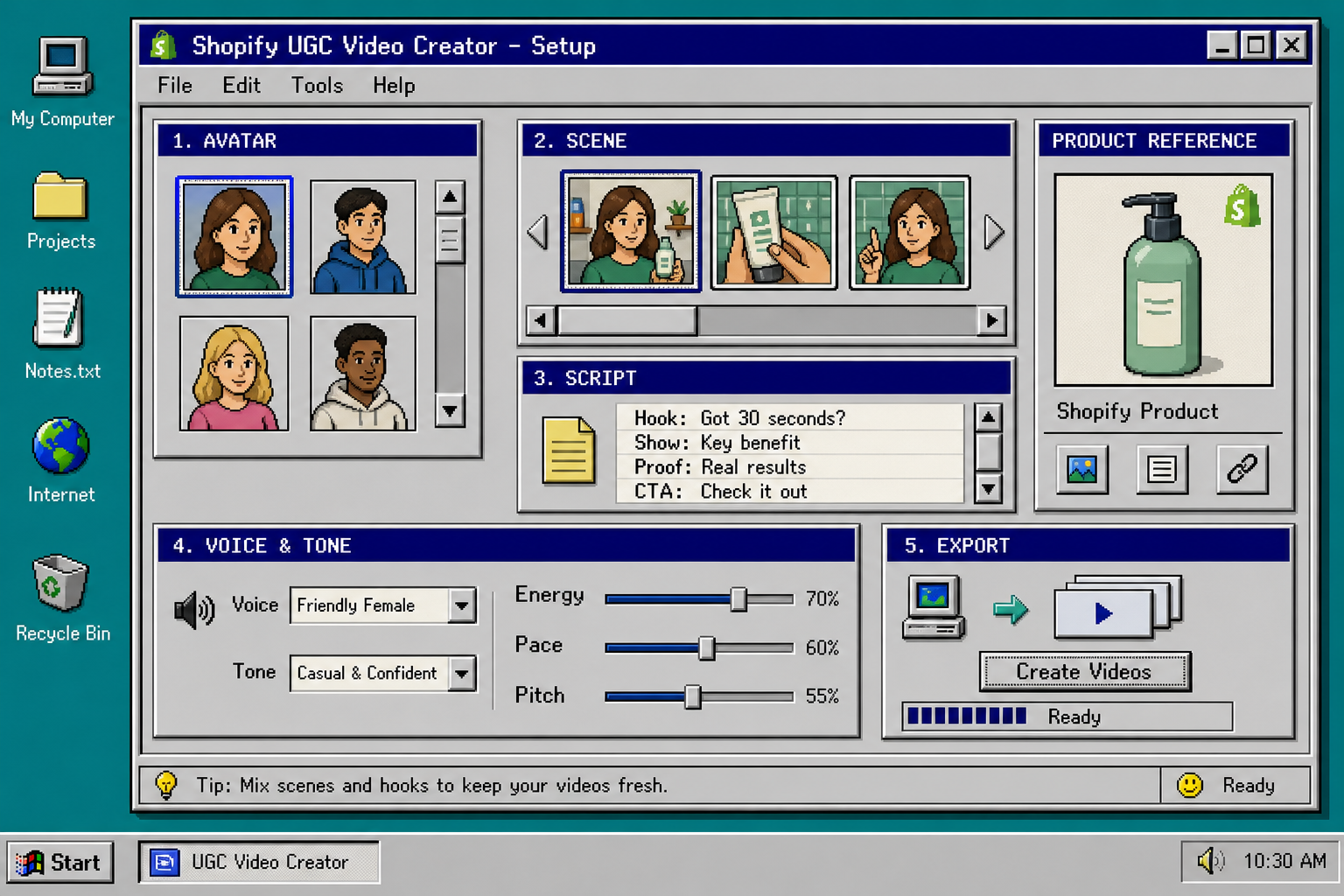 Retro setup window for a Shopify UGC video project