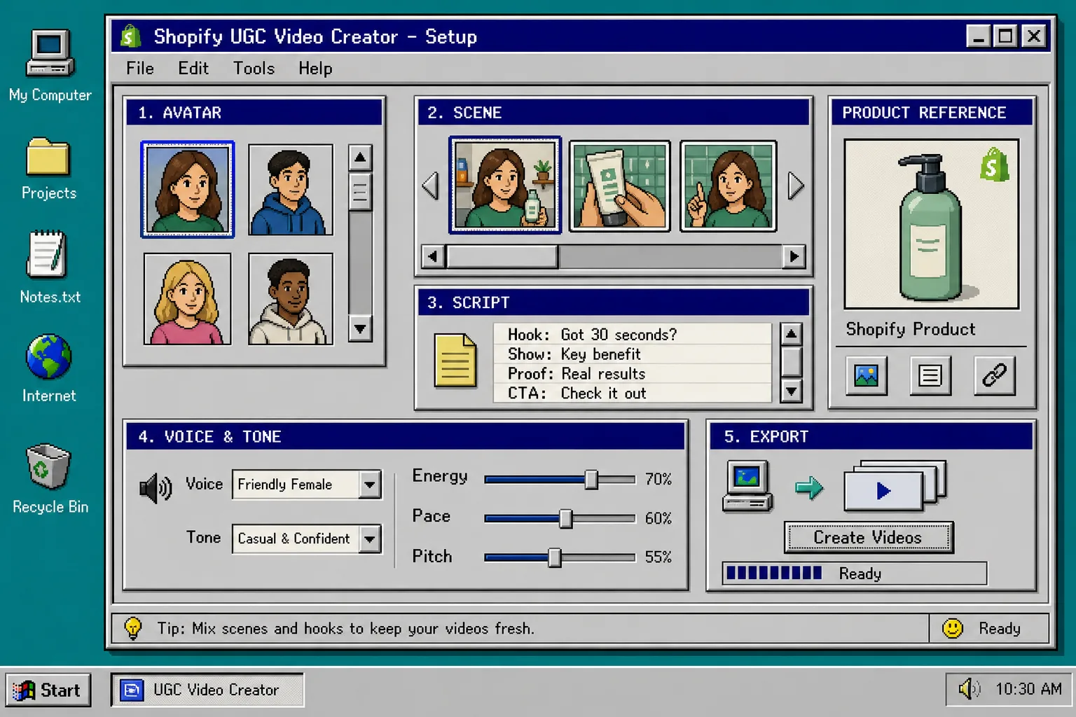 Retro setup window for a Shopify UGC video project