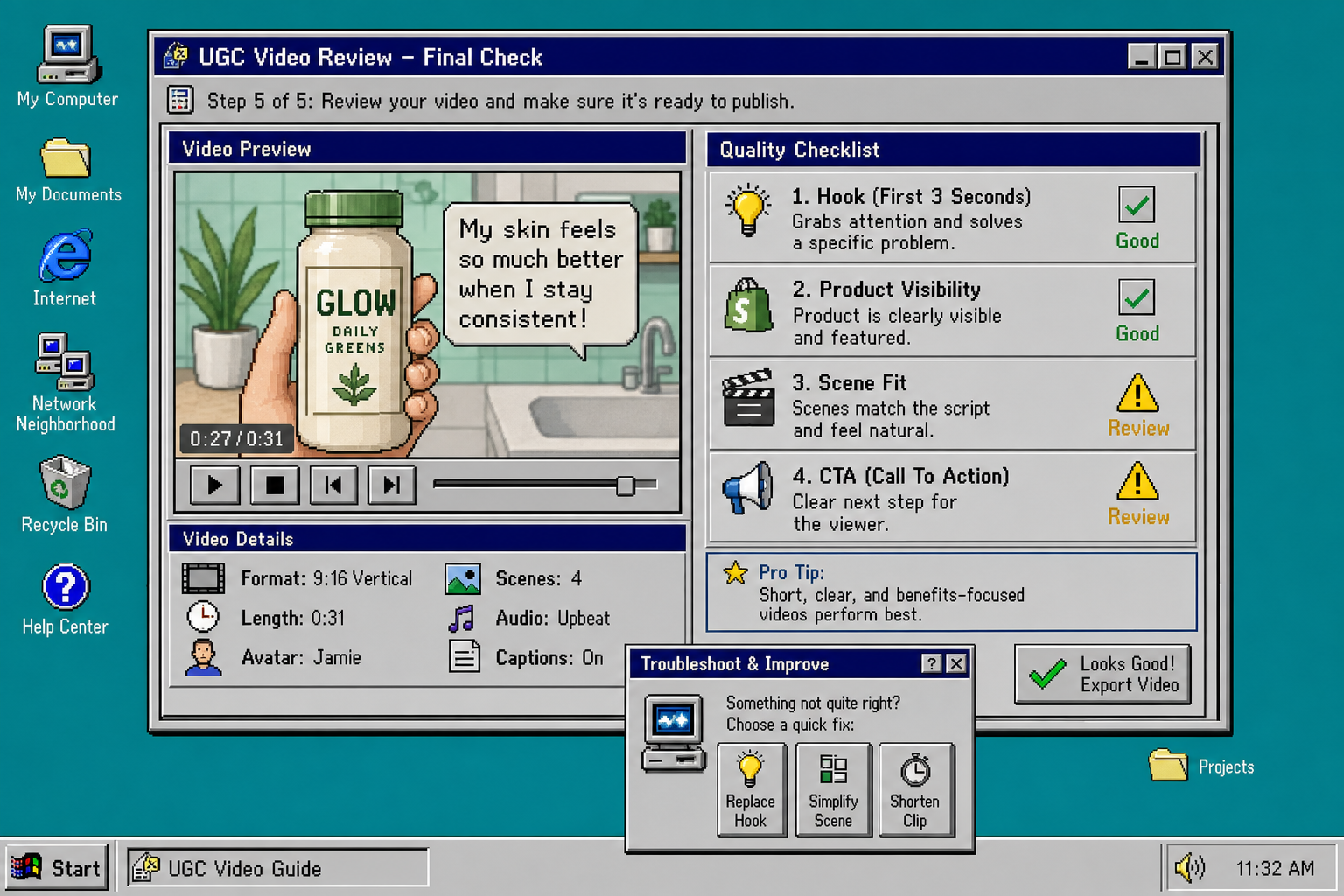 Retro review screen with checklist and troubleshooting options