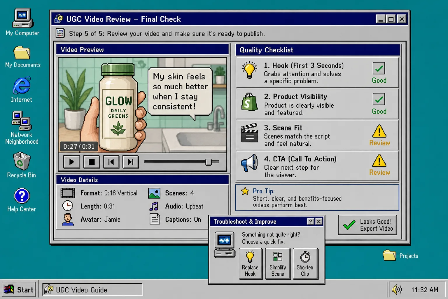 Retro review screen with checklist and troubleshooting options