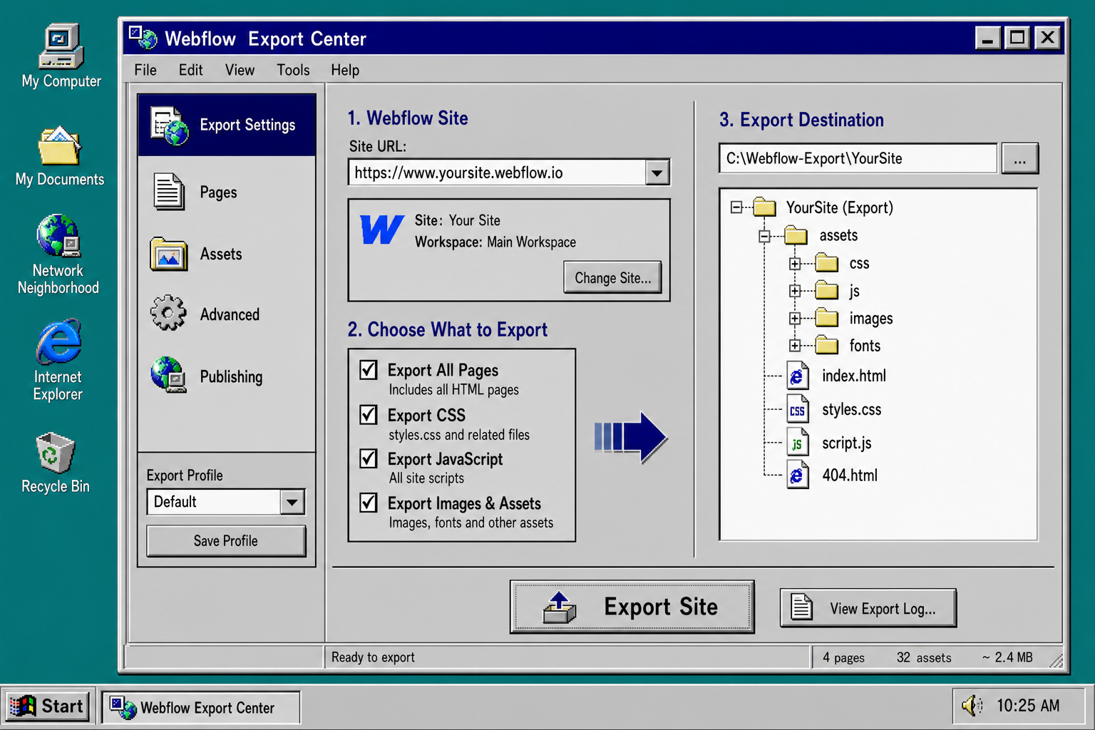 Retro Webflow export settings dialog with checkboxes and an export button