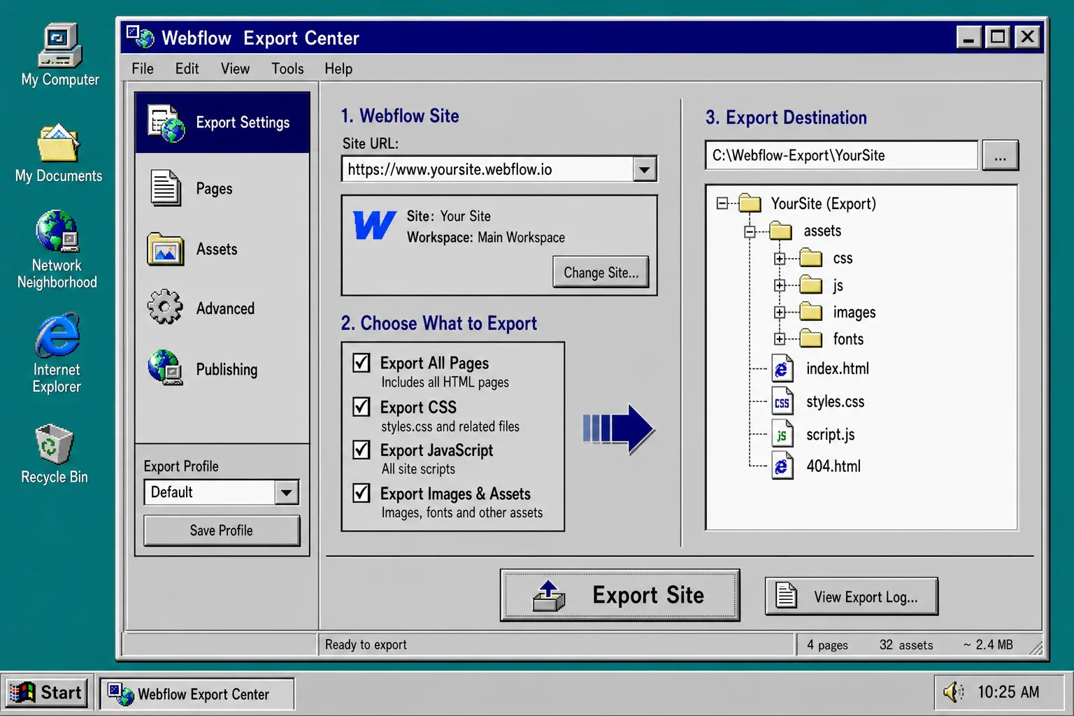 Retro Webflow export settings dialog with checkboxes and an export button