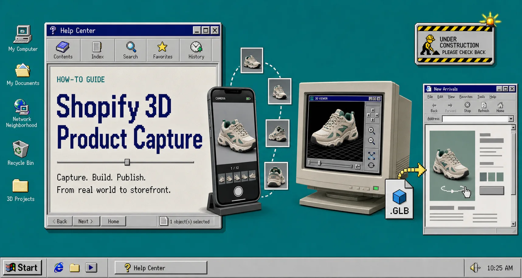 Retro banner showing Shopify 3D capture from phone photos to a product page
