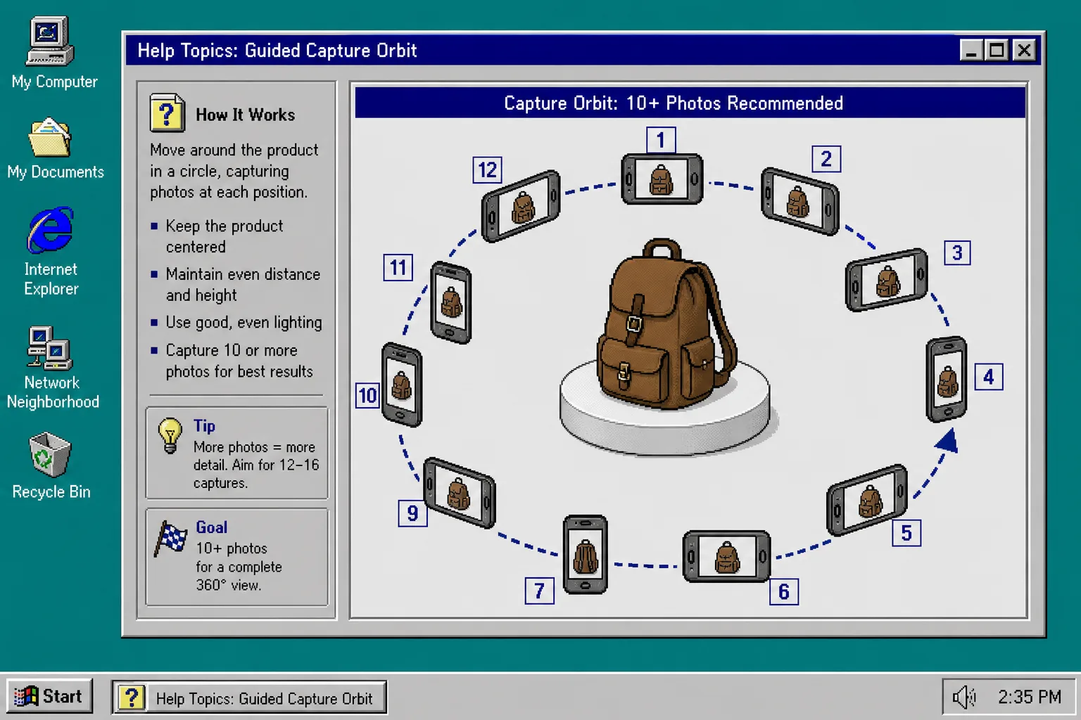 Guided phone capture orbit around a product