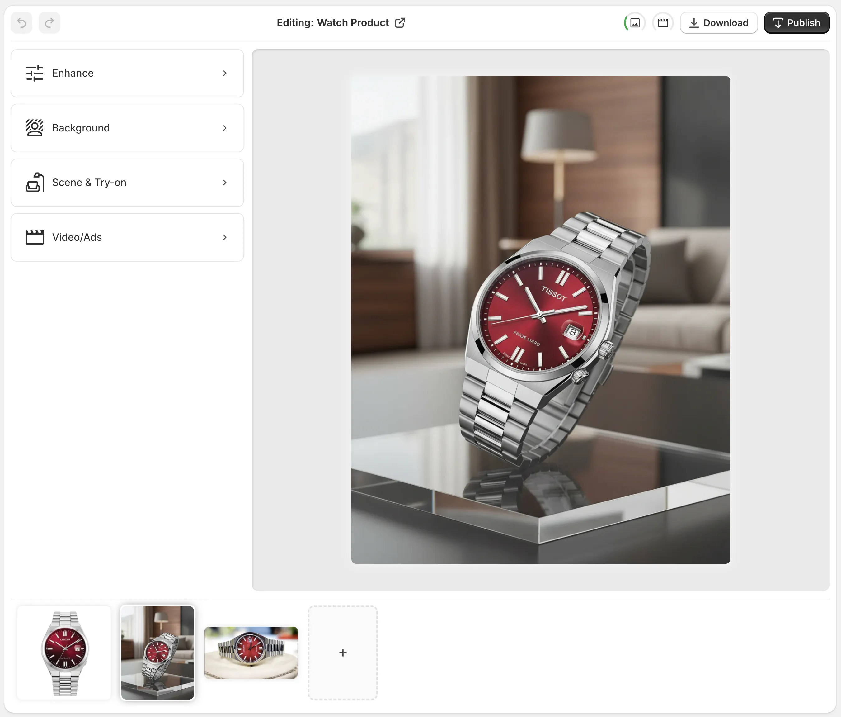 Supra AI Photo Studio editor overview with tools, canvas, and image gallery