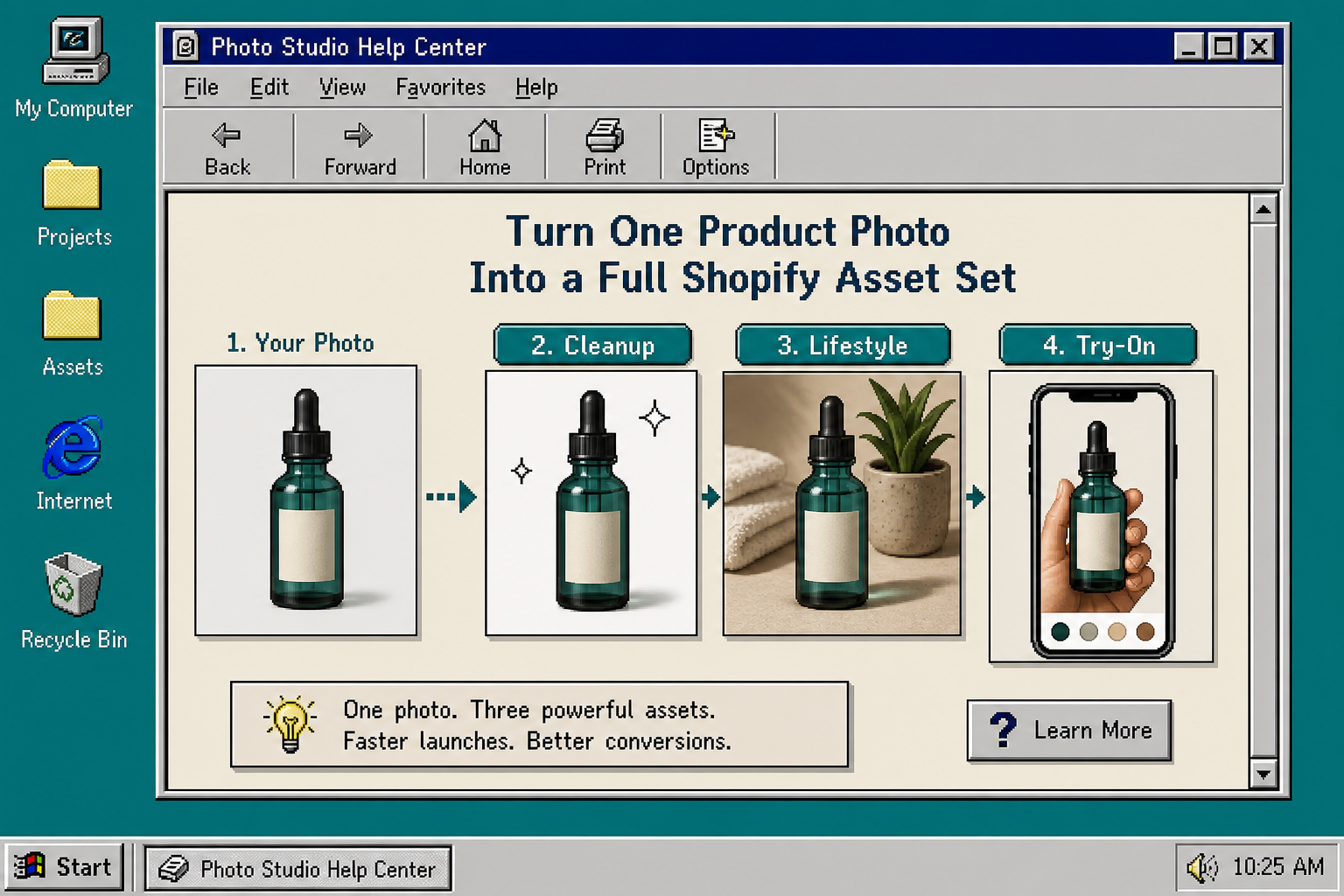 Photo Studio Help Center showing one product photo becoming a full Shopify image set