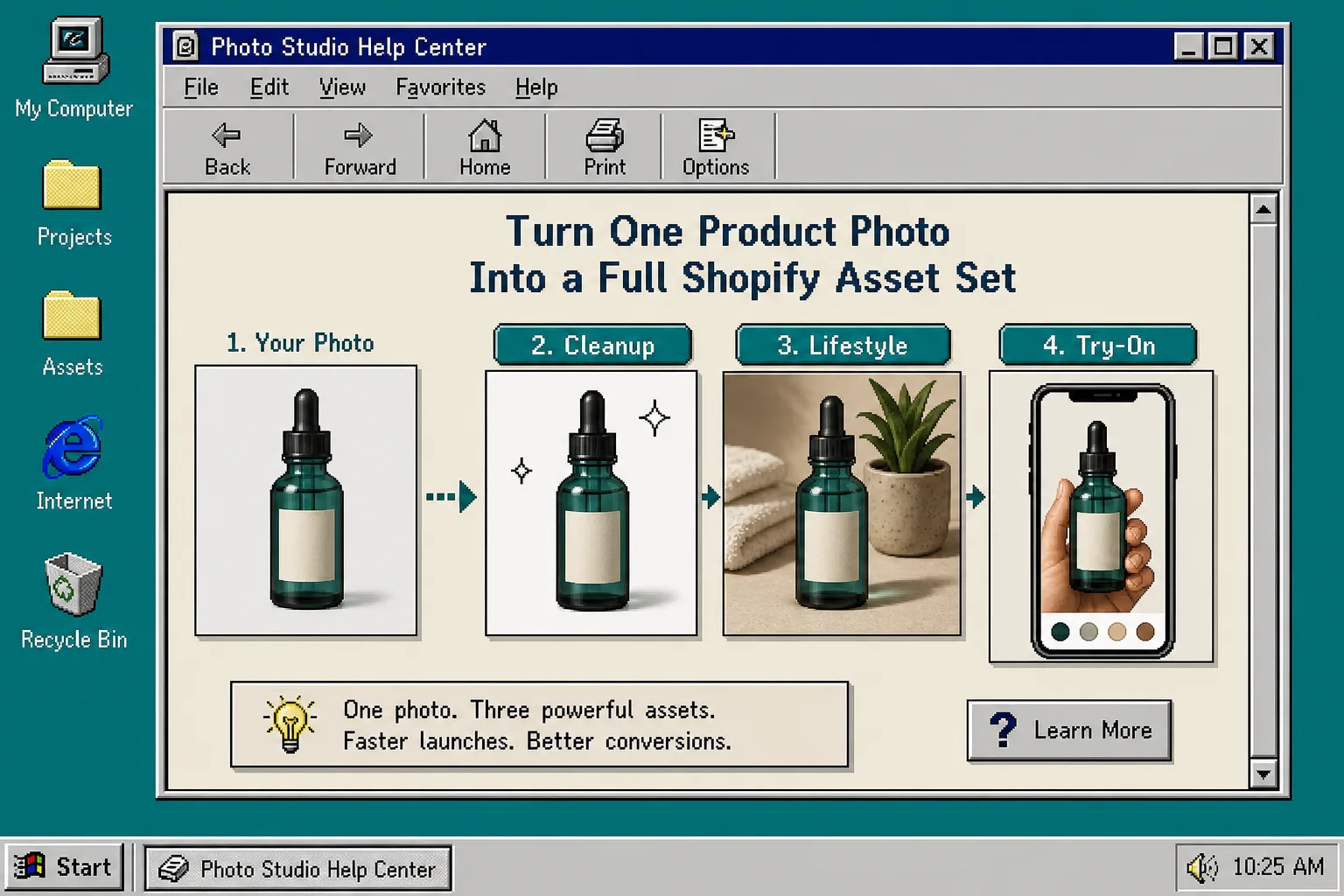 Photo Studio Help Center showing one product photo becoming a full Shopify image set