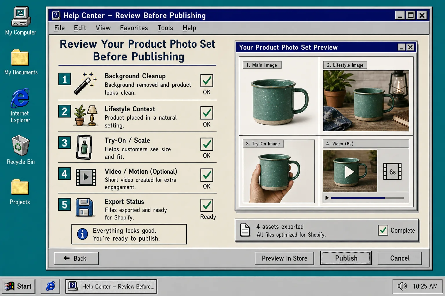 Retro review screen for checking a product photo set before publishing