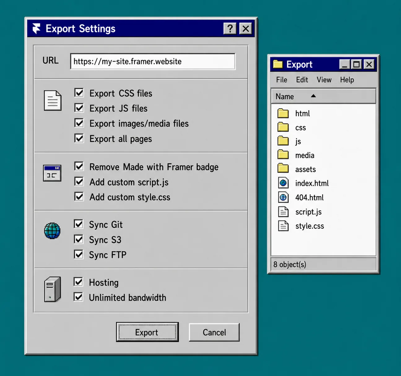 Framer export settings window