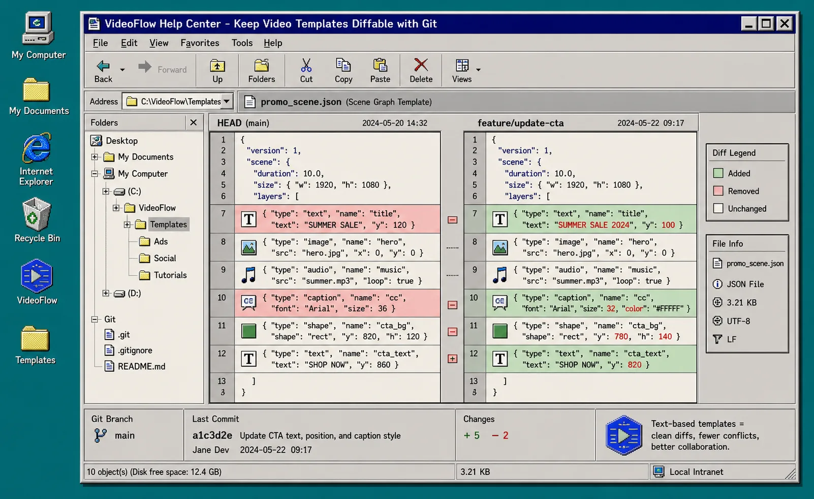 Retro Git diff view of a VideoFlow template with changed JSON fields